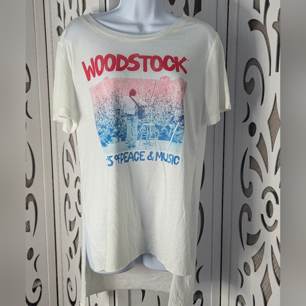 Woodstock Peace & Music Graphic Tee Medium Cream Short Sleeve Retro Unisex